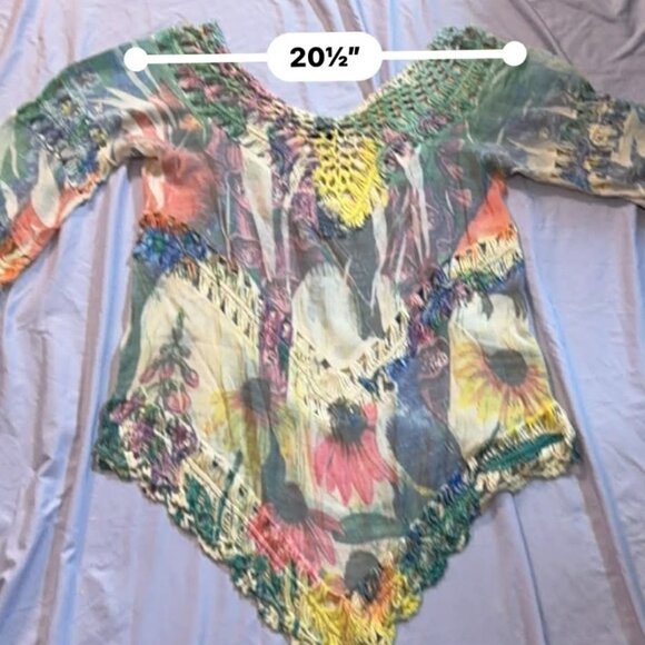 Dor Dor Couture Beach coverup / colorful crochet trimmed top / 3/4 sleeves XL - Picture 7 of 15